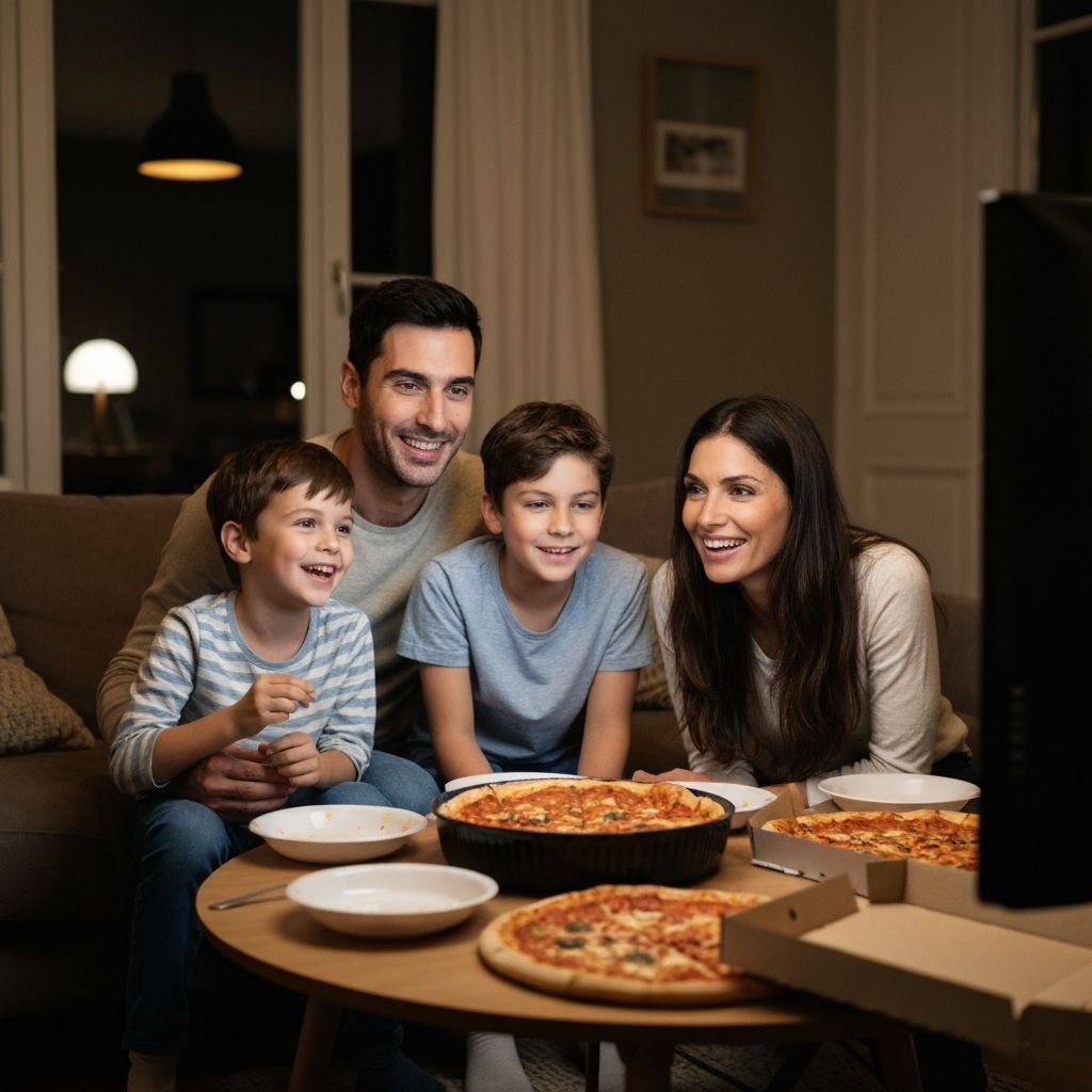 Famille heureuse économisant avec un abonnement IPTV pas cher KOLOS pour regarder la télévision ensemble