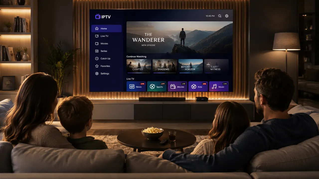 Famille regardant la télévision en streaming IPTV 4K Ultra HD dans le salon