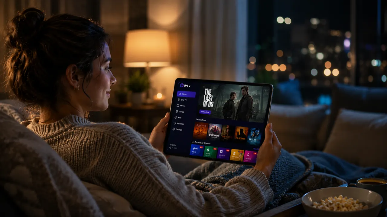 Cliente regardant films et séries en streaming 4K sur tablette avec son abonnement IPTV premium Téléo