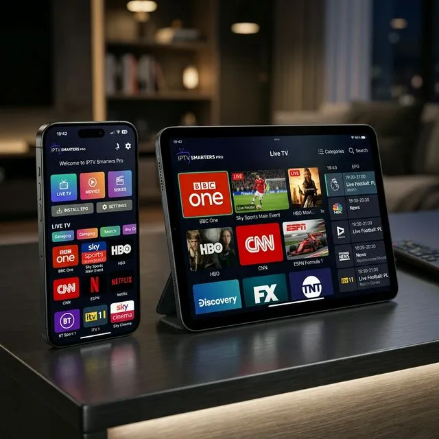 Interface IPTV Smarters Pro affichant les chaînes 4K et la liste de lecture sur Android