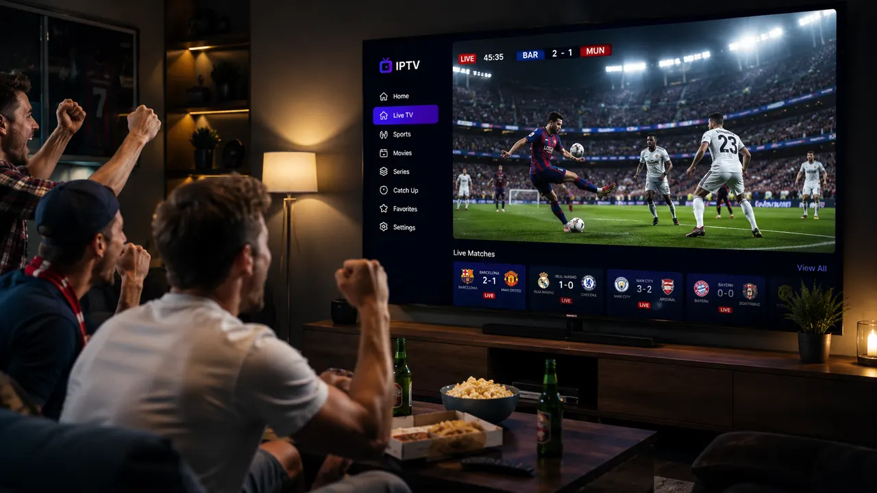 Amis regardant un match de football en direct en 4K avec un abonnement IPTV Sport Téléo